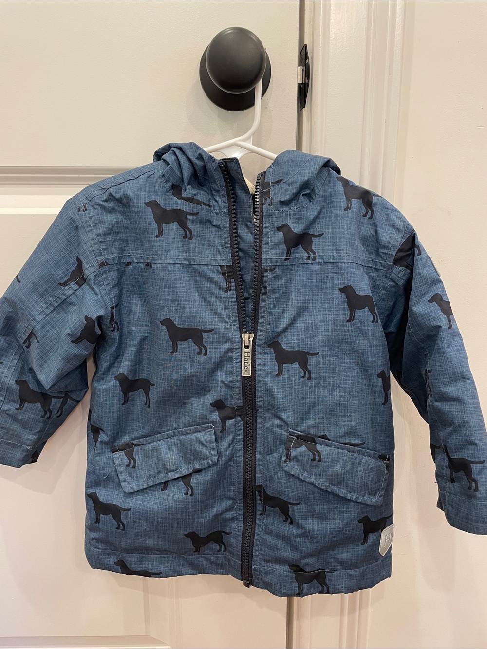 Hatley Rain Jacket Size 2T Blue Hooded with Black Dog Print